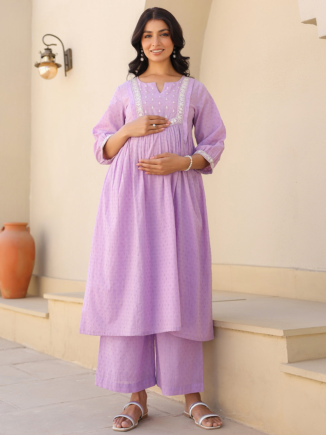 Janasya Bright Dobby Cotton Yoke Embroidery A-Line Kurta Set 