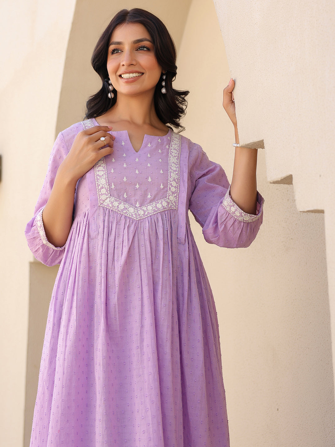 Janasya Bright Dobby Cotton Yoke Embroidery A-Line Kurta Set 