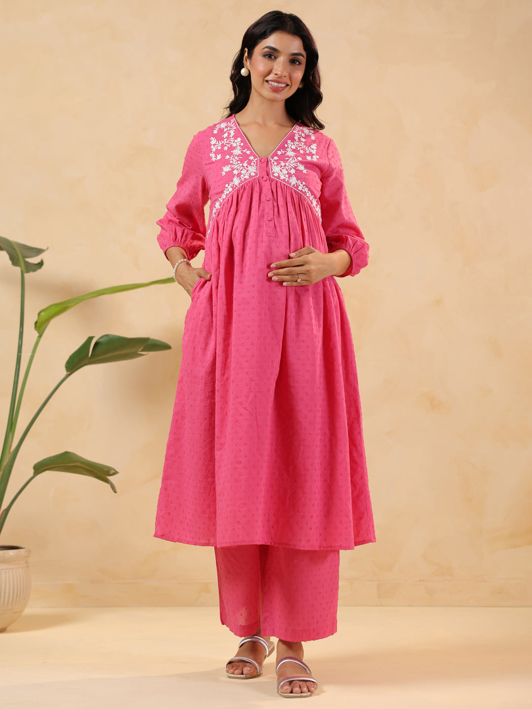 Janasya Light Dobby Cotton Yoke Embroidery A-Line Kurta Set 
