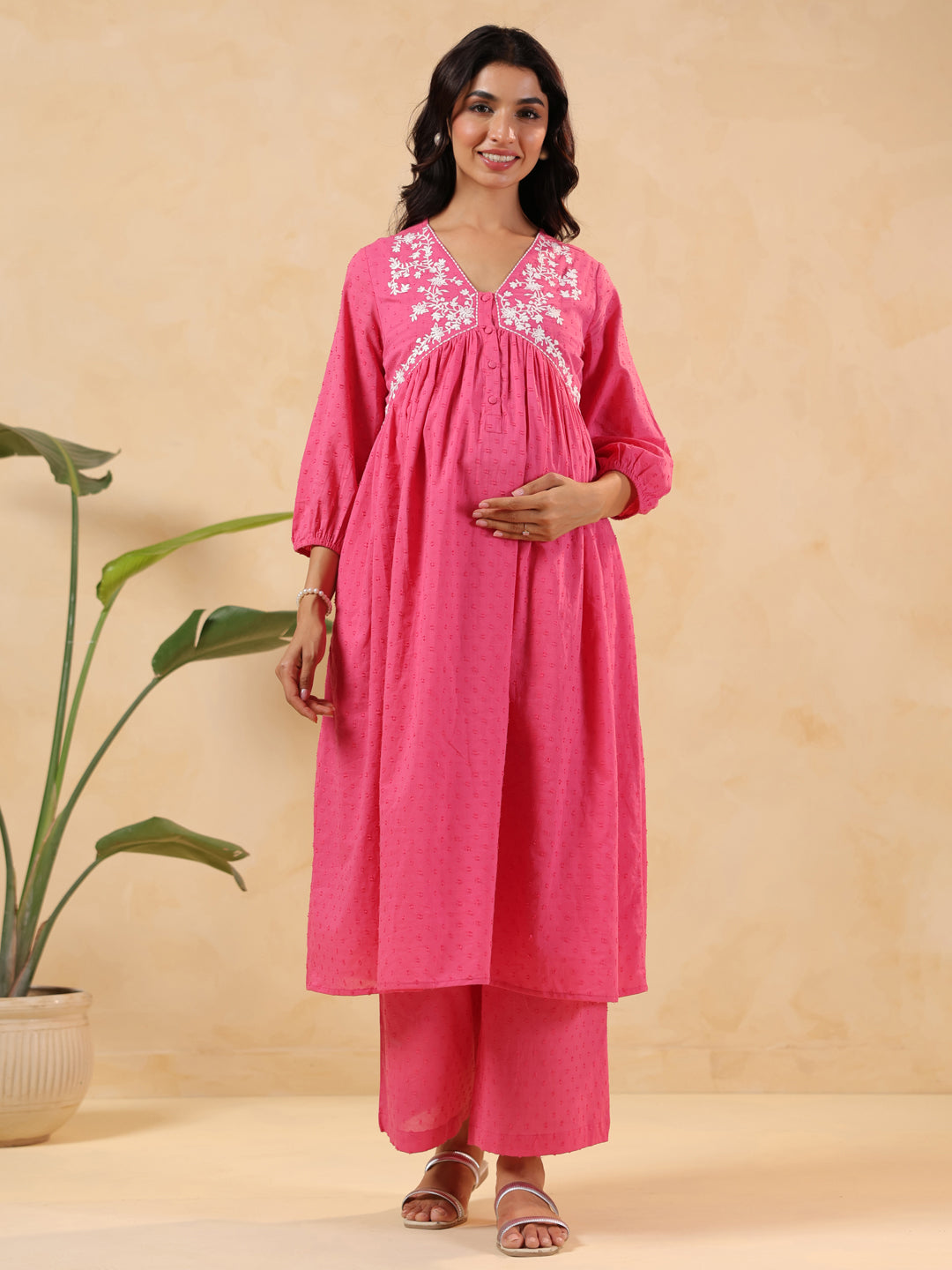 Janasya Light Dobby Cotton Yoke Embroidery A-Line Kurta Set 