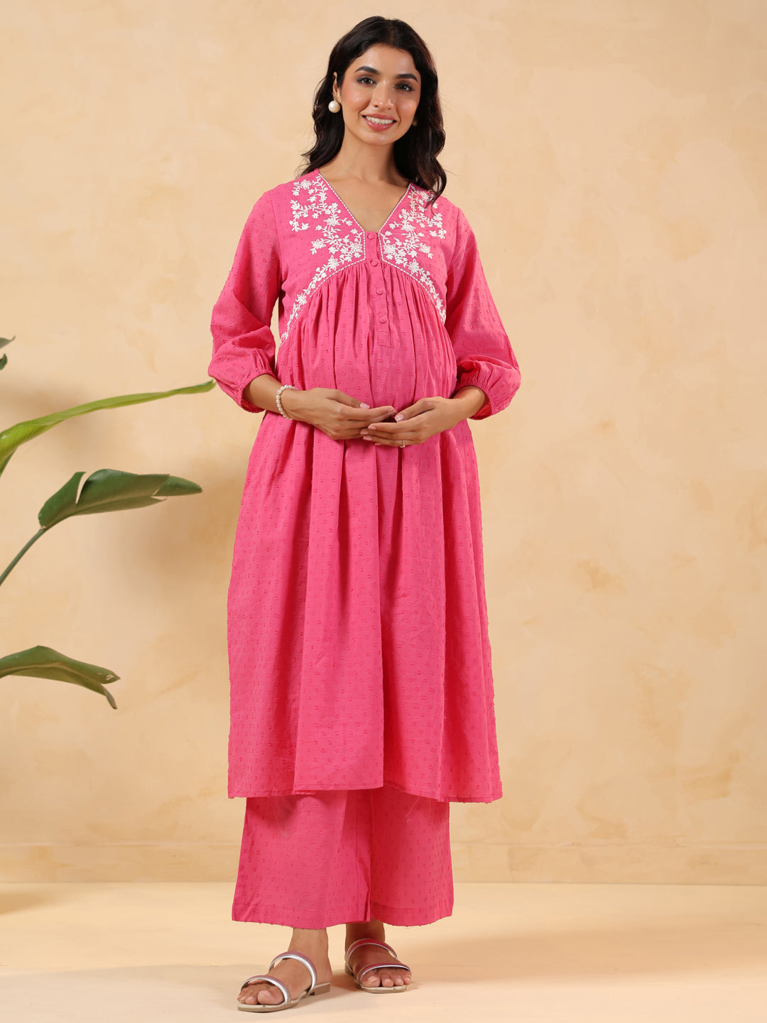 Janasya Light Dobby Cotton Yoke Embroidery A-Line Kurta Set 