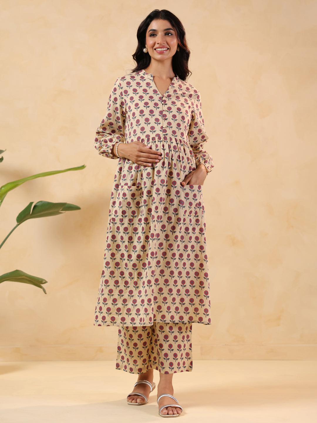 Janasya Light Cotton Floral A-Line Kurta Set 