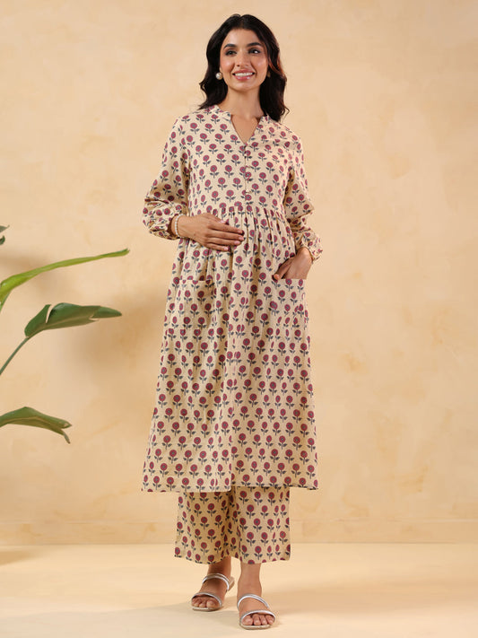 Janasya Light Cotton Floral A-Line Kurta Set 