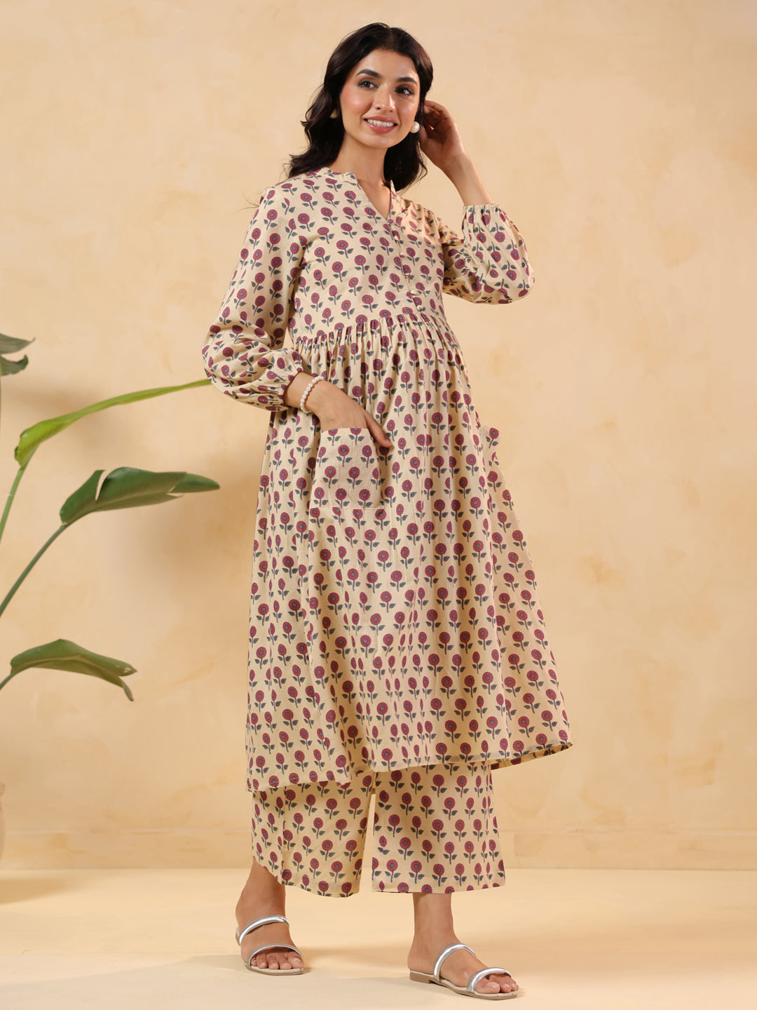 Janasya Light Cotton Floral A-Line Kurta Set 