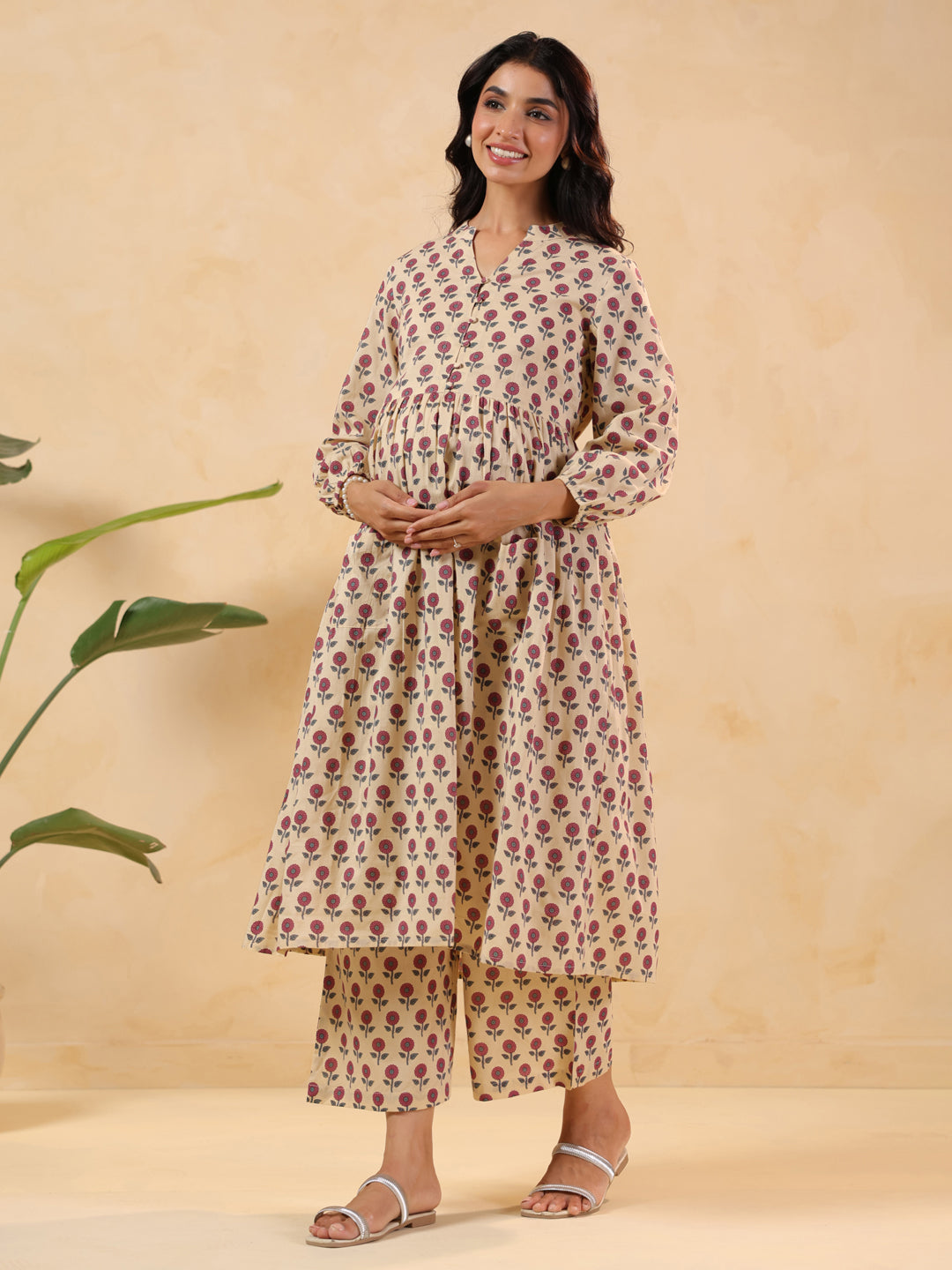 Janasya Light Cotton Floral A-Line Kurta Set 