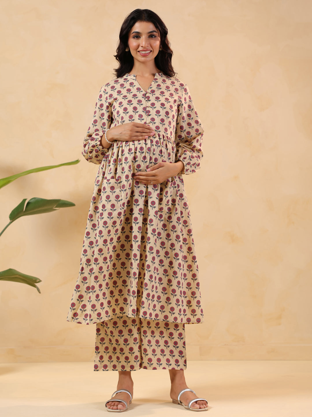 Janasya Light Cotton Floral A-Line Kurta Set 