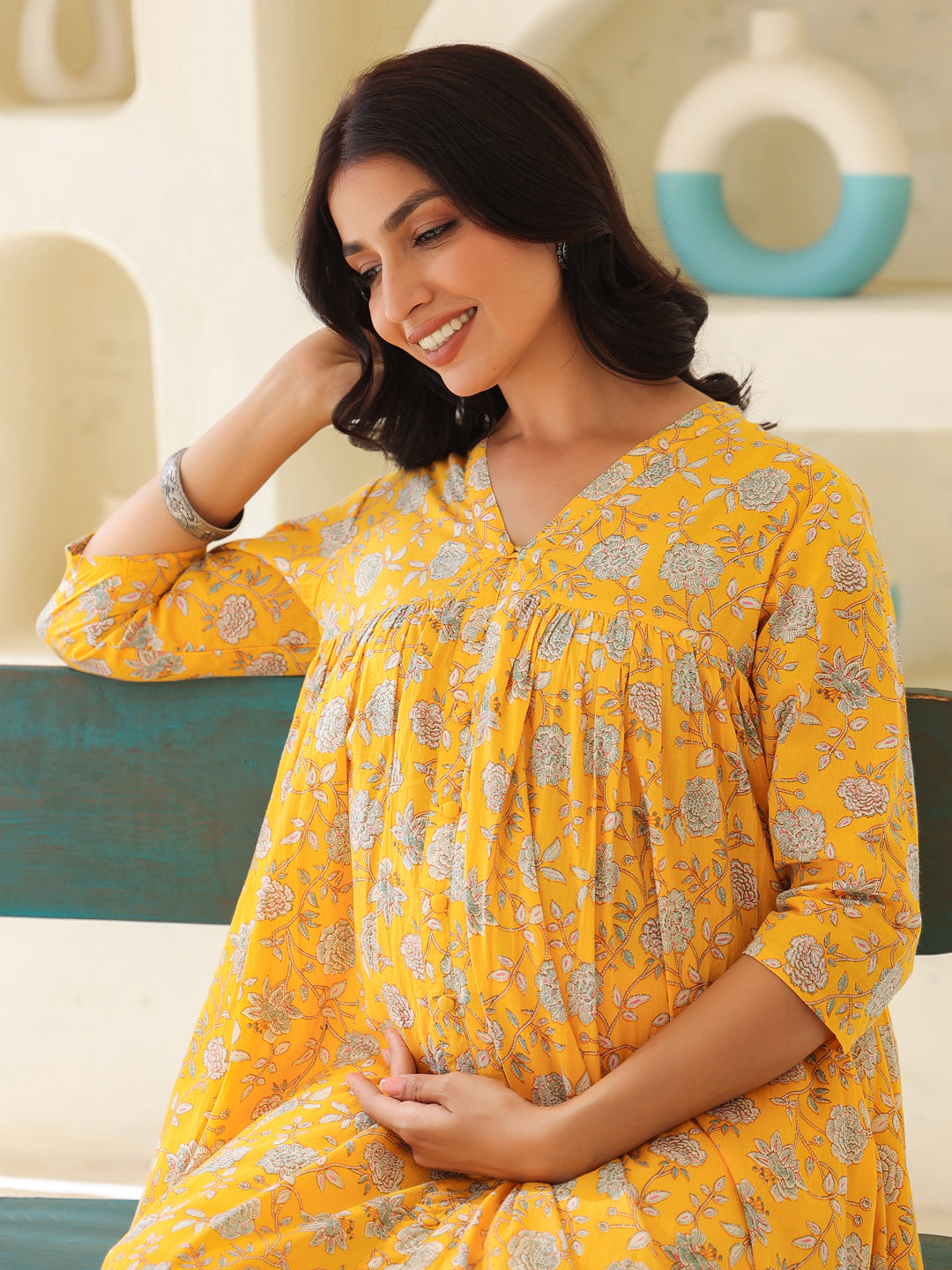 Janasya Bright Cotton Floral Gathered Kurta 