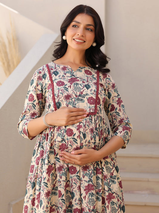 Janasya Dark Cotton Floral Gathered Kurta 