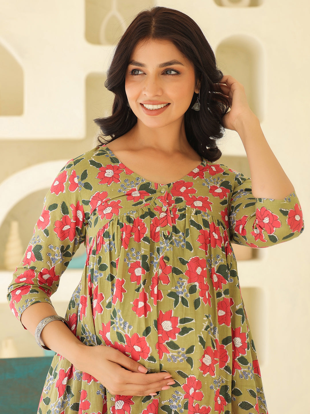 Janasya Dark Cotton Floral Gathered Kurta 