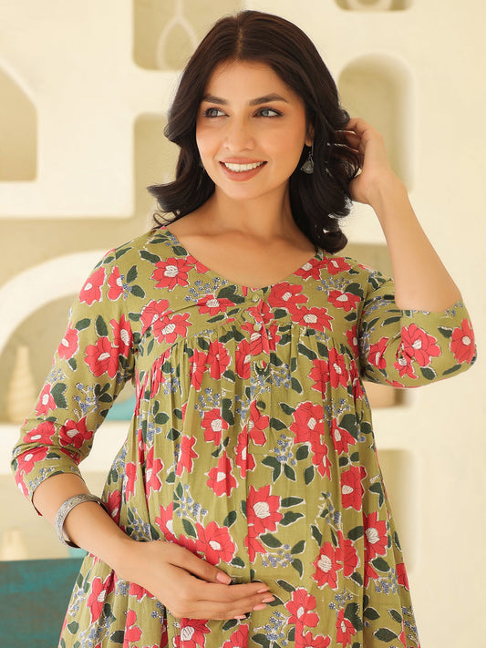 Janasya Dark Cotton Floral Gathered Kurta 