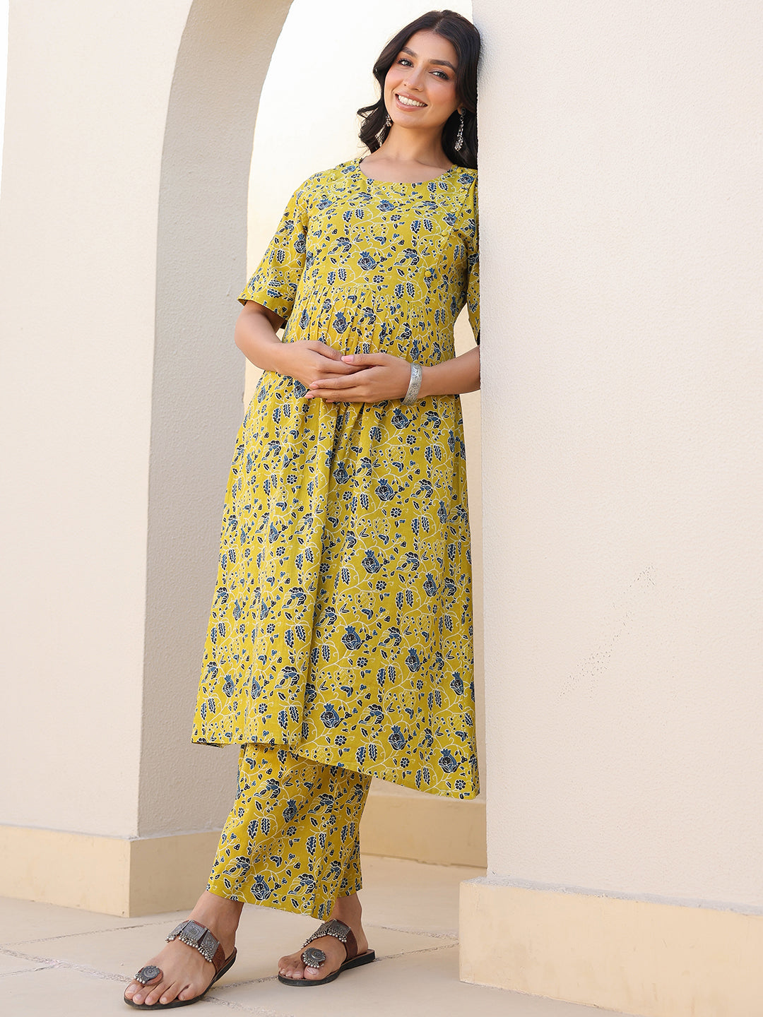 Janasya Bright Cotton Floral A-Line Top & Bottom Set 