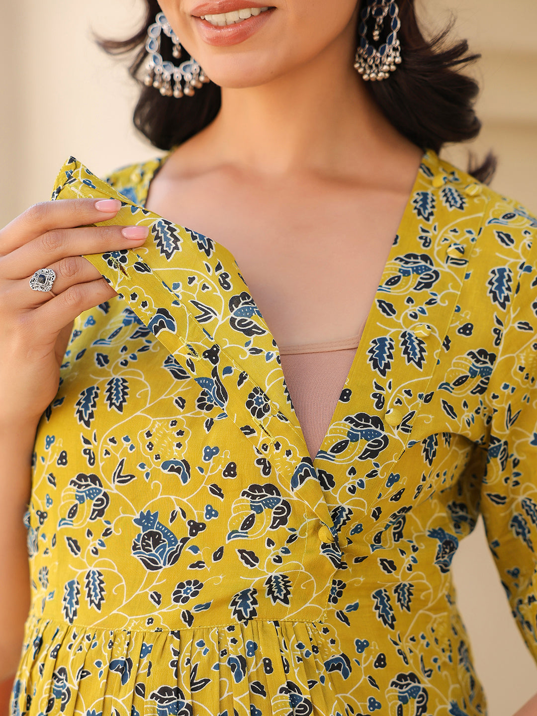 Janasya Bright Cotton Floral A-Line Top & Bottom Set 