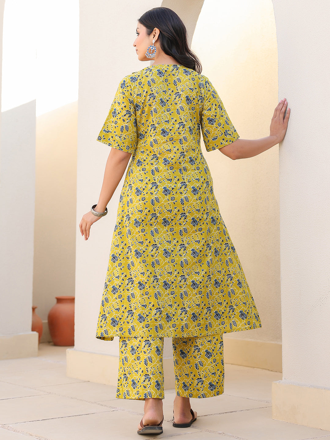 Janasya Bright Cotton Floral A-Line Top & Bottom Set 