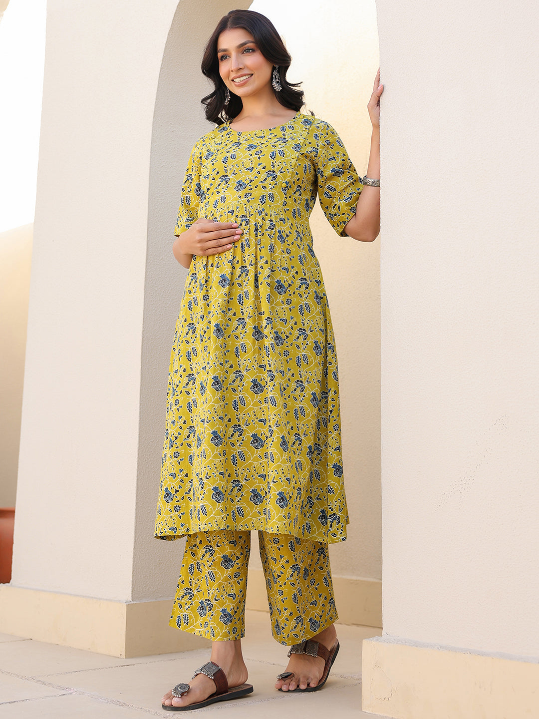 Janasya Bright Cotton Floral A-Line Top & Bottom Set 