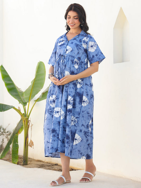 Janasya Dark Cotton Tie & dye Gathered Dress 