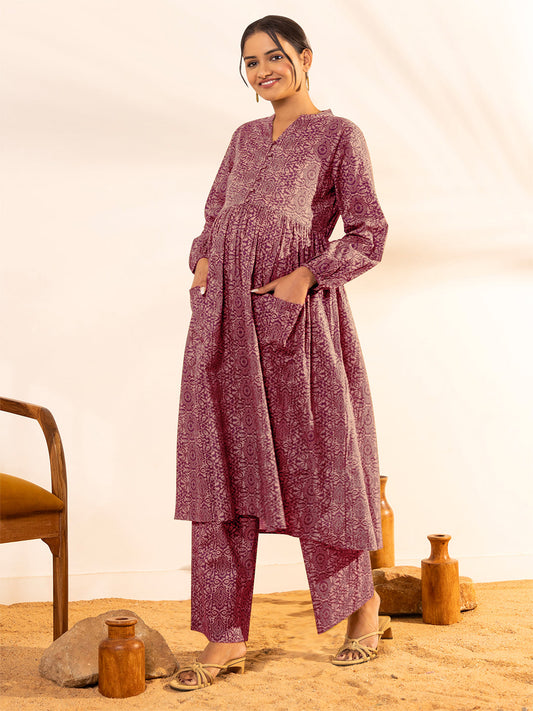 Janasya Dark Cotton Ethnic Motifs A-Line Kurta Set 