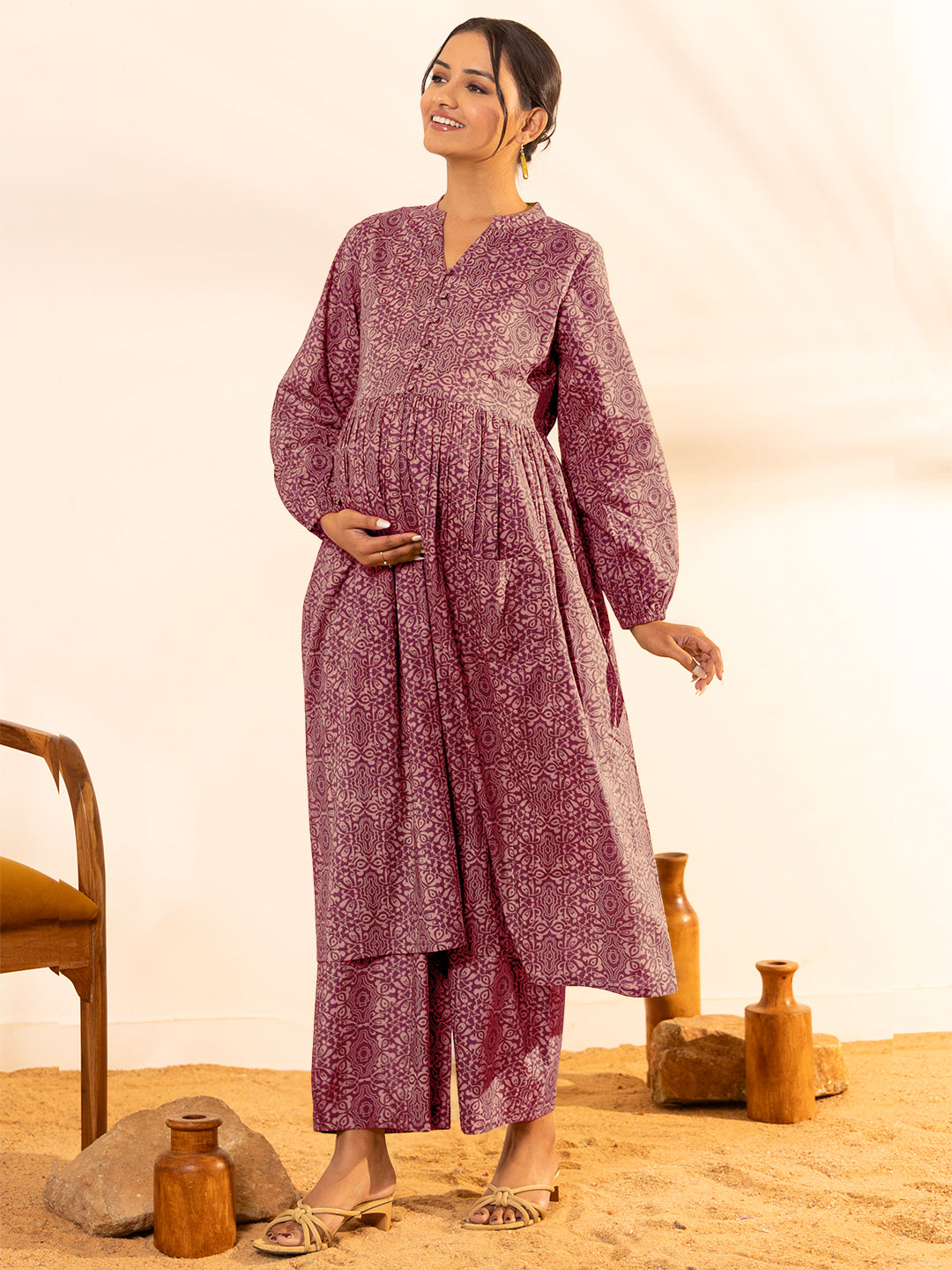 Janasya Dark Cotton Ethnic Motifs A-Line Kurta Set 