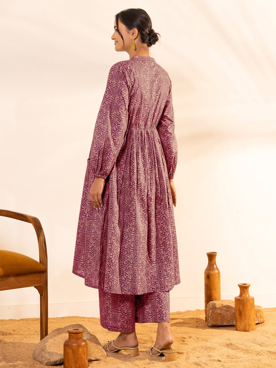 Janasya Dark Cotton Ethnic Motifs A-Line Kurta Set 