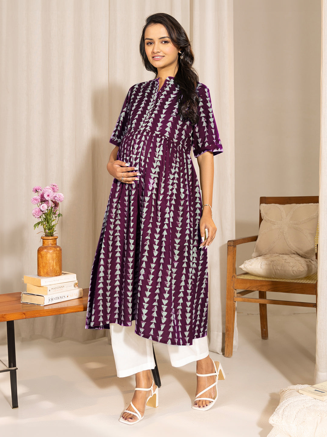 Janasya Dark Cotton Geometric A-Line Kurta | Grab2Buy