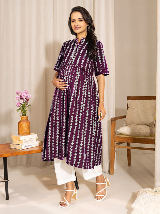 Janasya Dark Cotton Geometric A-Line Kurta | Grab2Buy