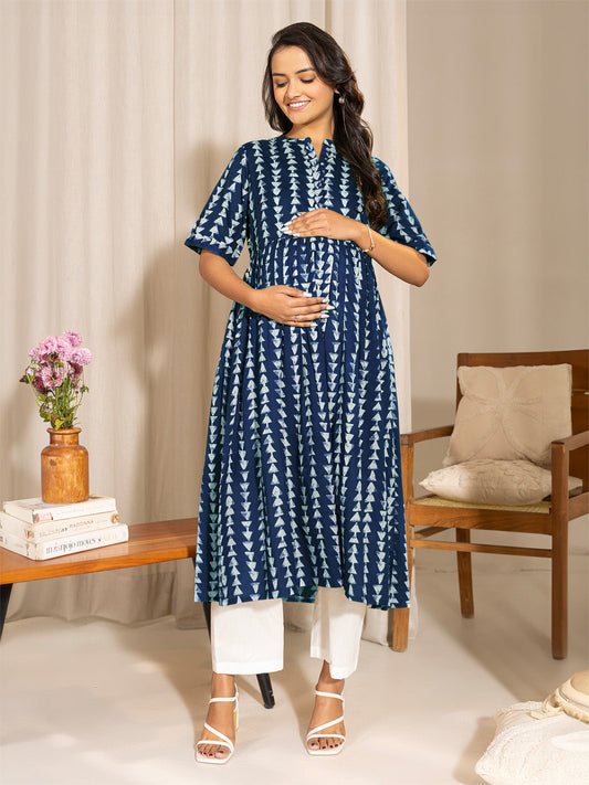Janasya Dark Cotton Geometric A-Line Kurta 