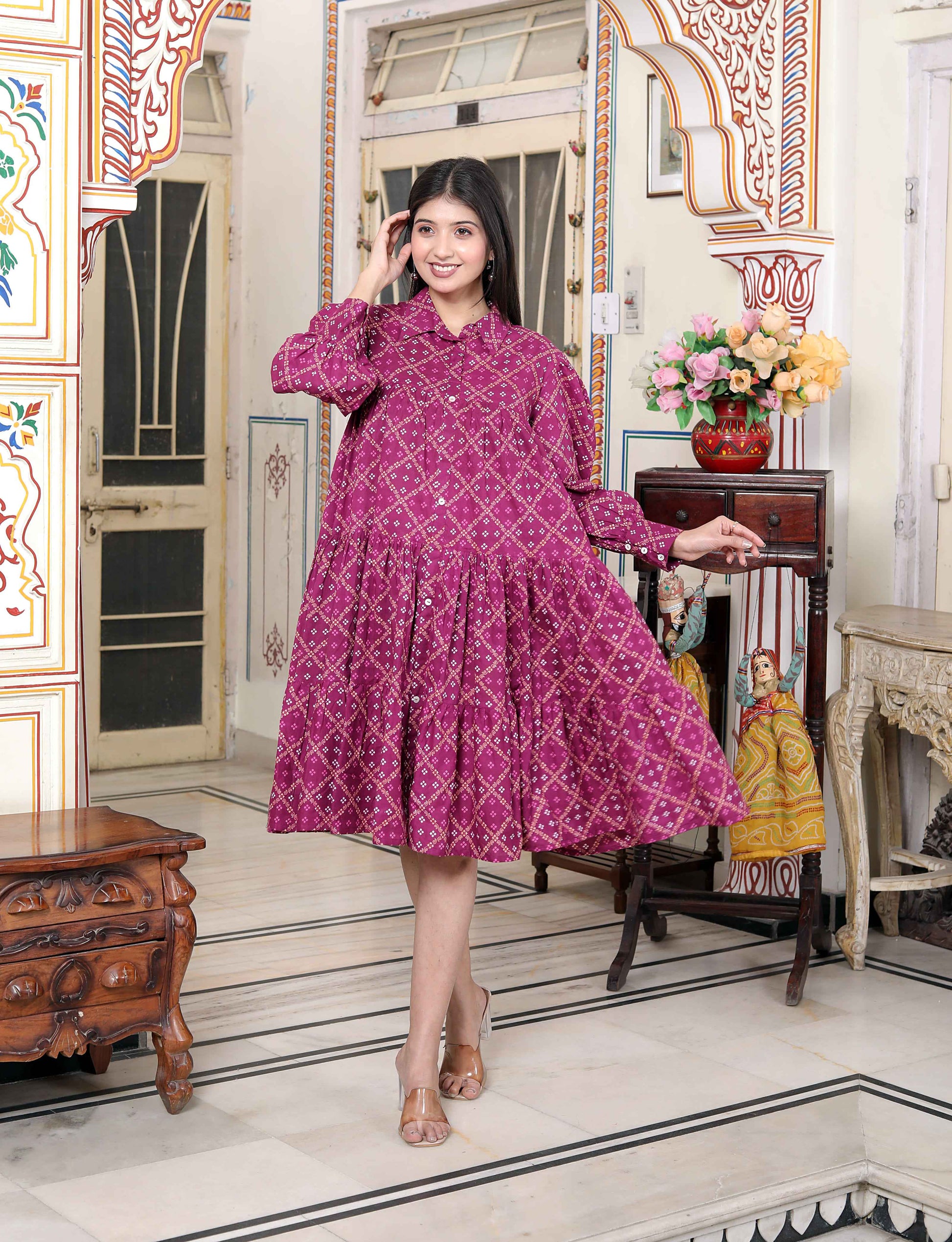 Miravan Women's Magenta Pure Cotton Long Puff Sleeve Gathered Tiered Loose Fit A-Line Dress