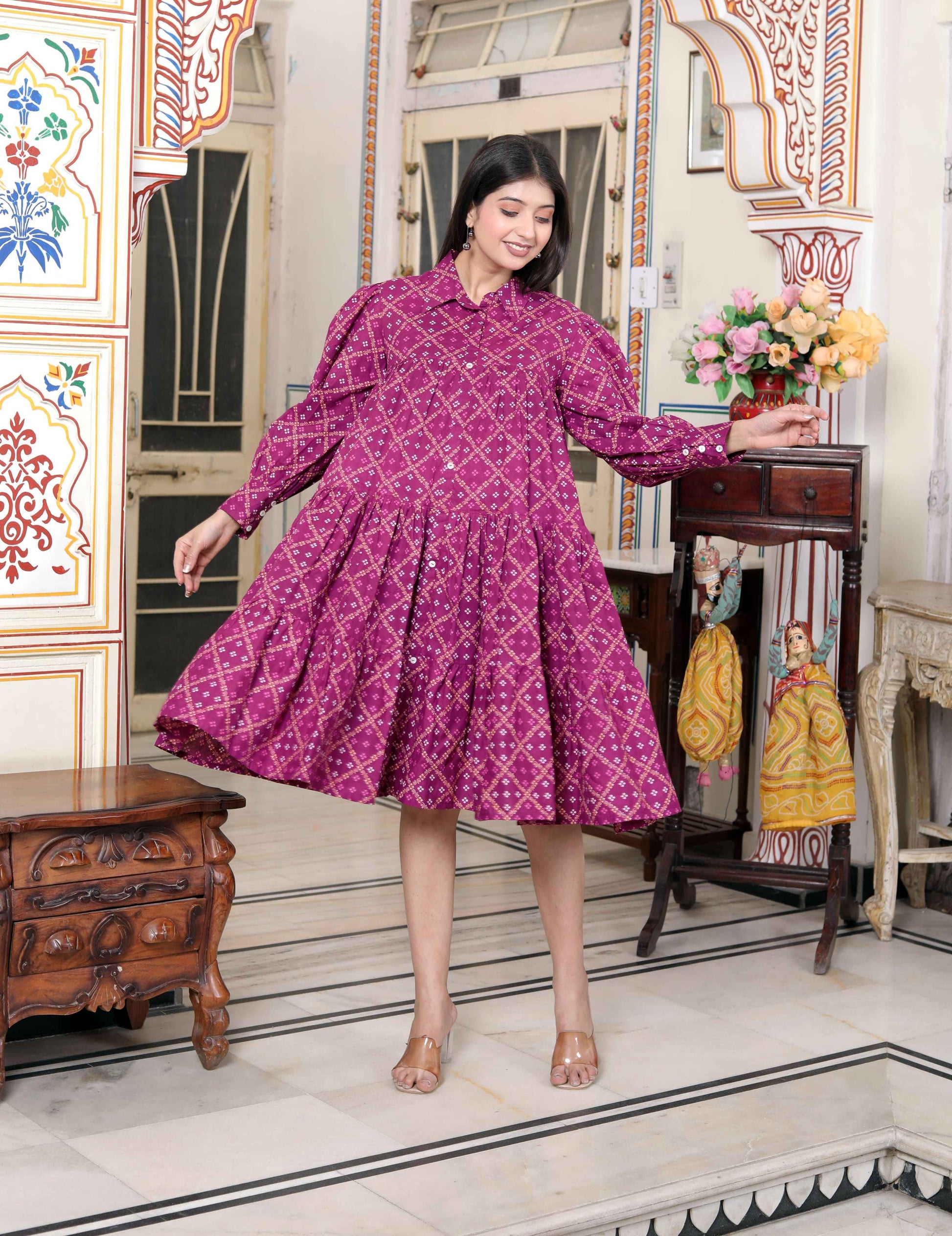 Miravan Women's Magenta Pure Cotton Long Puff Sleeve Gathered Tiered Loose Fit A-Line Dress