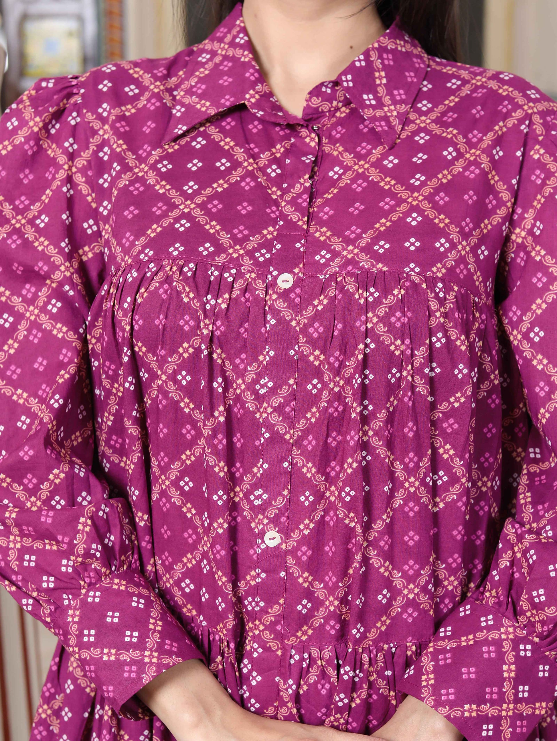 Miravan Women's Magenta Pure Cotton Long Puff Sleeve Gathered Tiered Loose Fit A-Line Dress