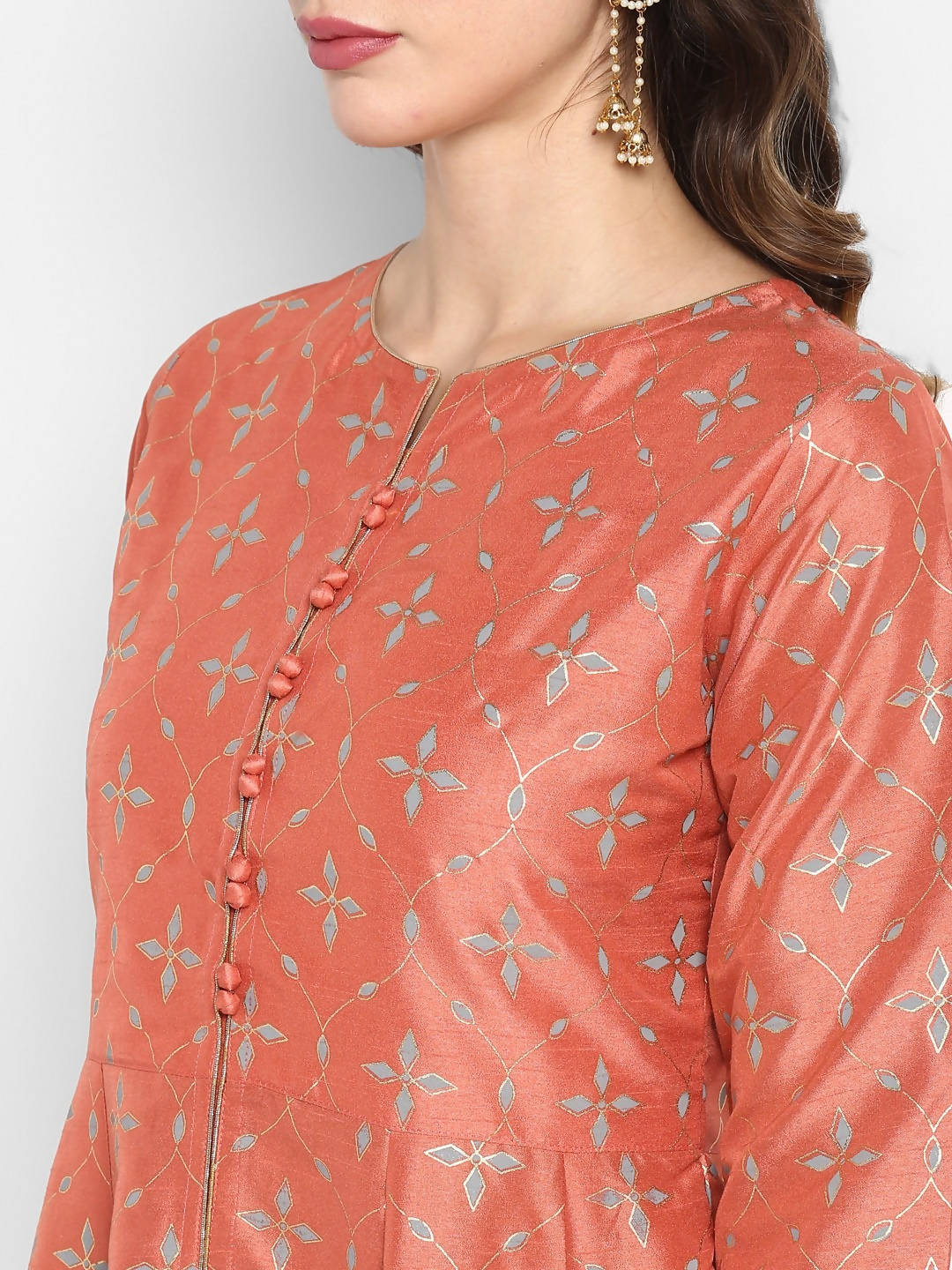 Janasya Women Peach & Grey Floral Print Anarkali Kurta with Palazzos & Dupatta