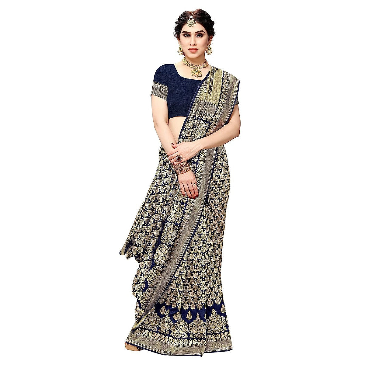 Vamika Navy Banarasi Jacquard Weaving Saree | Swadesiicart