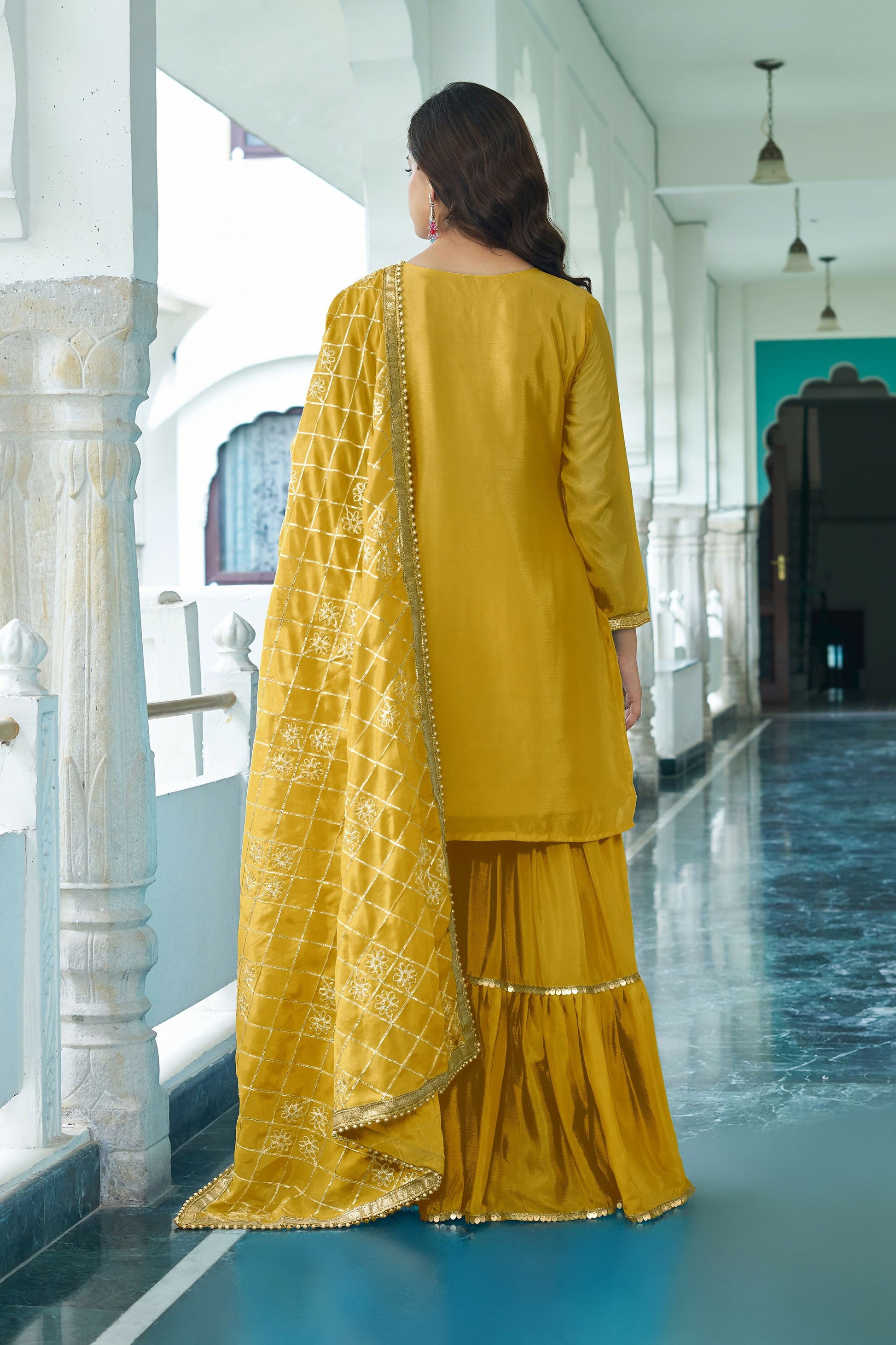 Joban Fashion Yellow Chinon Silk Embroidery Sequence Work Readymade Kurta Set