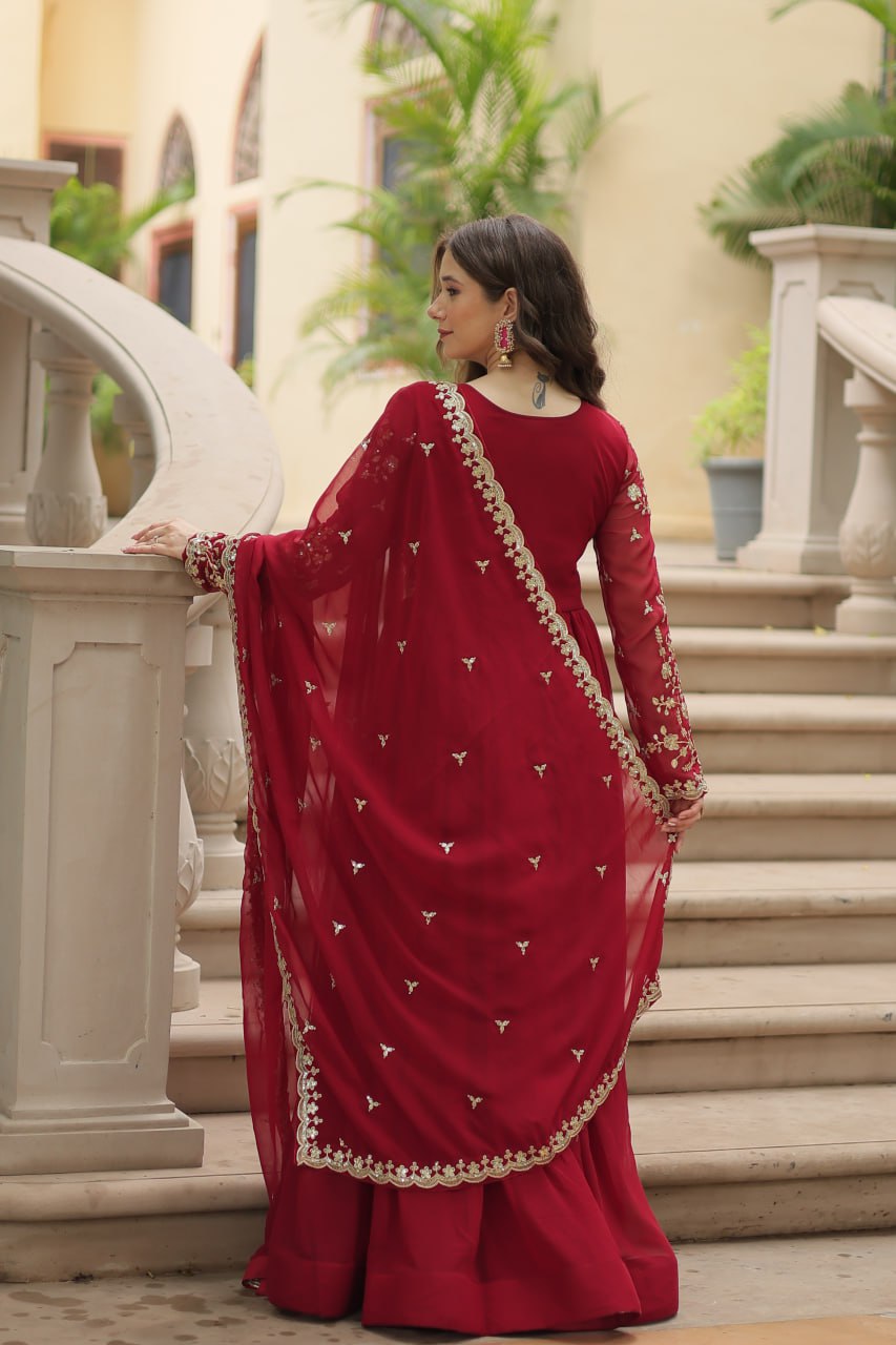 Evanik Maroon Faux Blooming Gown With Dupatta With Sequins-Multi & Zari Embroidered Work