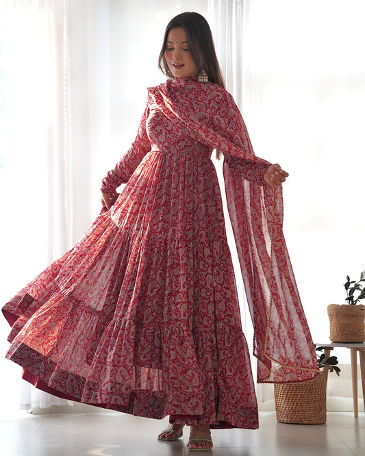 Lorenvalley Fashion Women Pure Soft Georgette Kalamkari Print Fully Flair Anarkali With Pant Dupatta Set - Maroon 