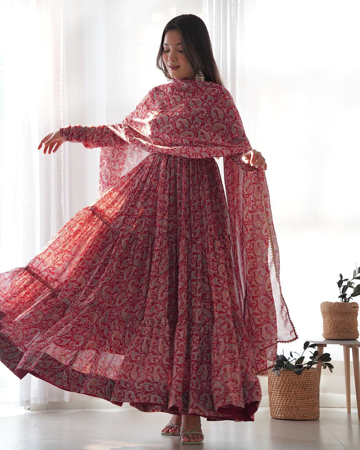 Lorenvalley Fashion Women Pure Soft Georgette Kalamkari Print Fully Flair Anarkali With Pant Dupatta Set - Maroon 