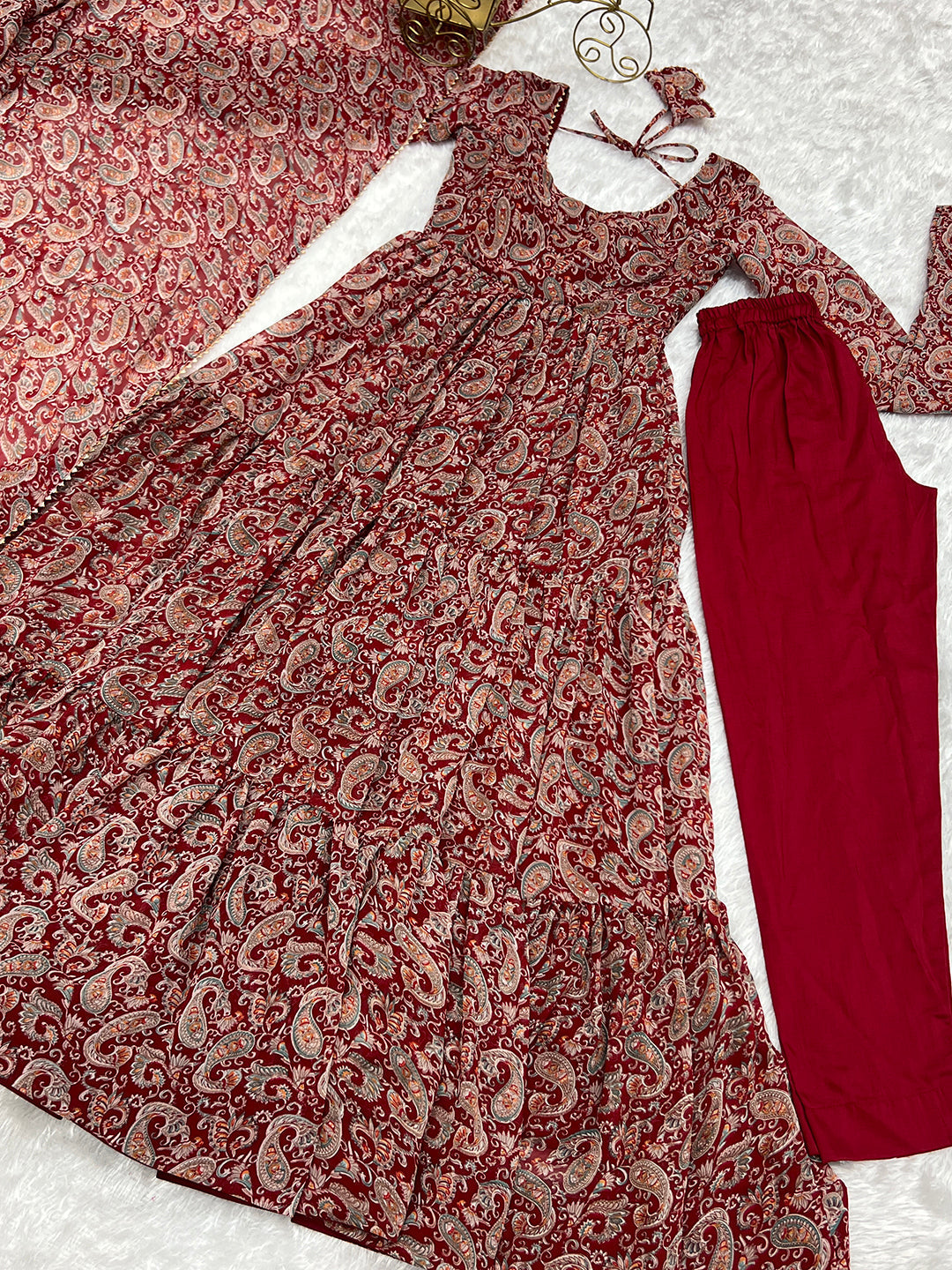 Lorenvalley Fashion Women Pure Soft Georgette Kalamkari Print Fully Flair Anarkali With Pant Dupatta Set - Maroon 