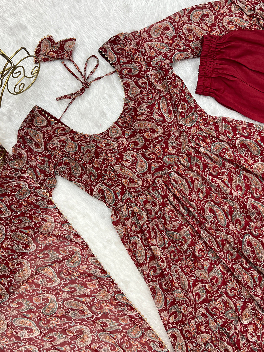 Lorenvalley Fashion Women Pure Soft Georgette Kalamkari Print Fully Flair Anarkali With Pant Dupatta Set - Maroon 