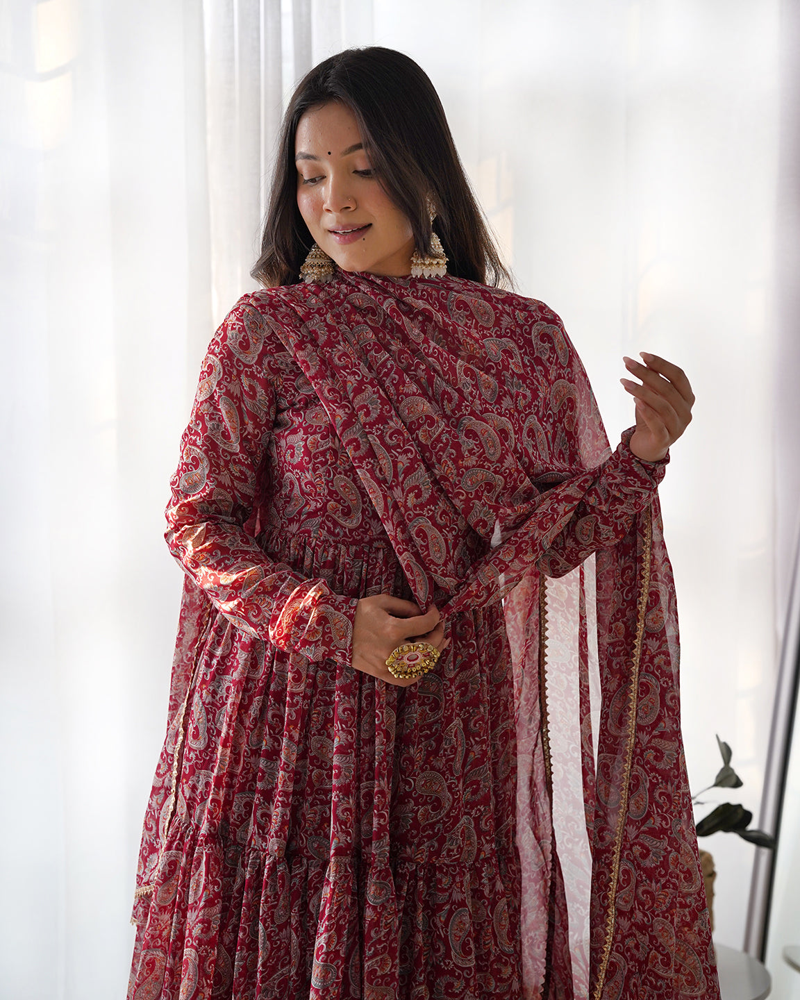 Lorenvalley Fashion Women Pure Soft Georgette Kalamkari Print Fully Flair Anarkali With Pant Dupatta Set - Maroon 