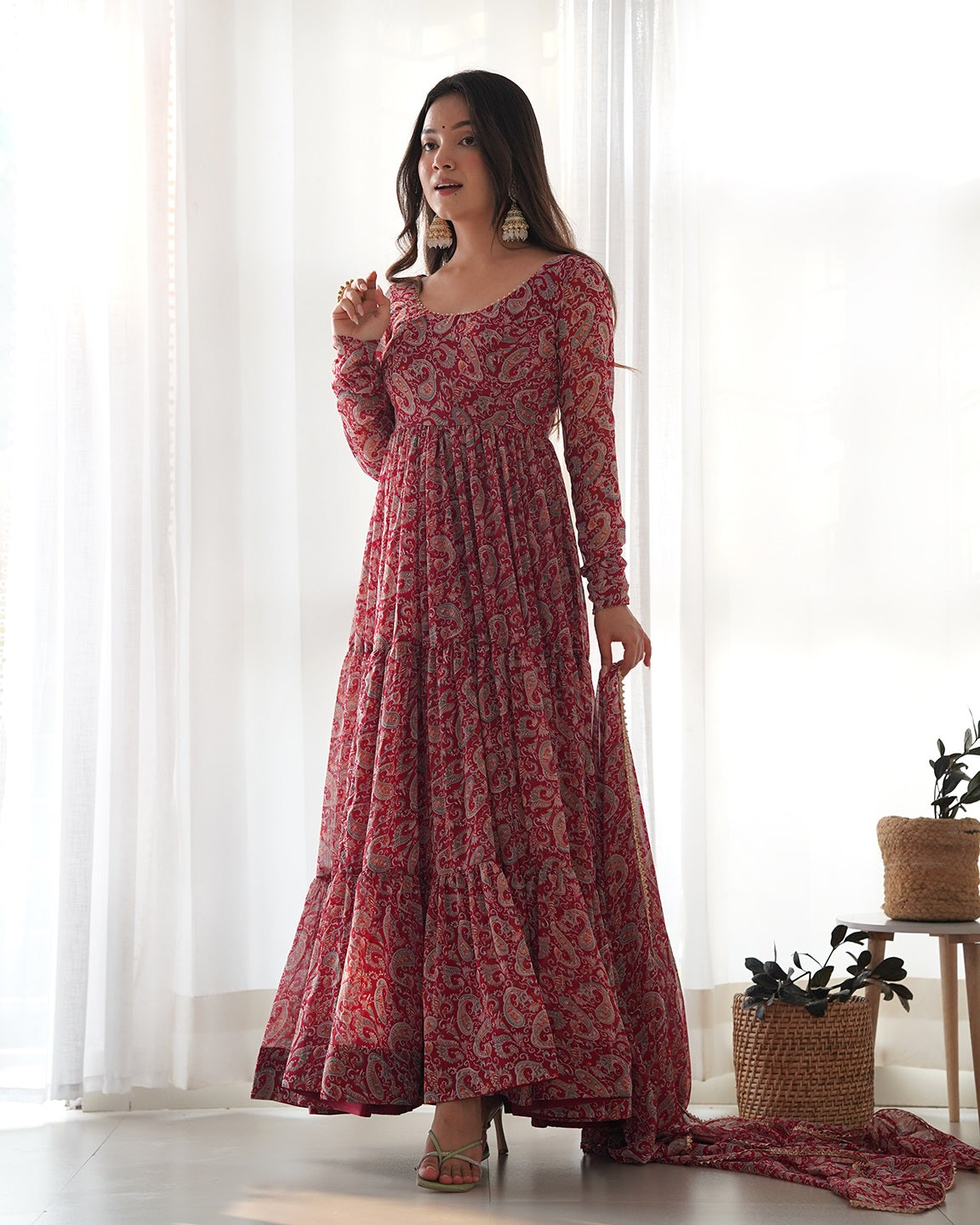 Evanik Maroon Pure Soft Georgette Kalamkari Print Fully Flair Anarkali With Pant Dupatta Set