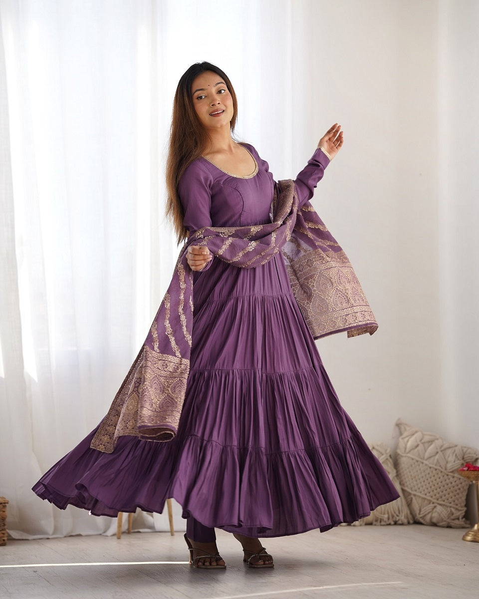 Evanik Mauve Pure Roman Silk Chanderi With Fully Flair Anarkali Pant With Dupatta