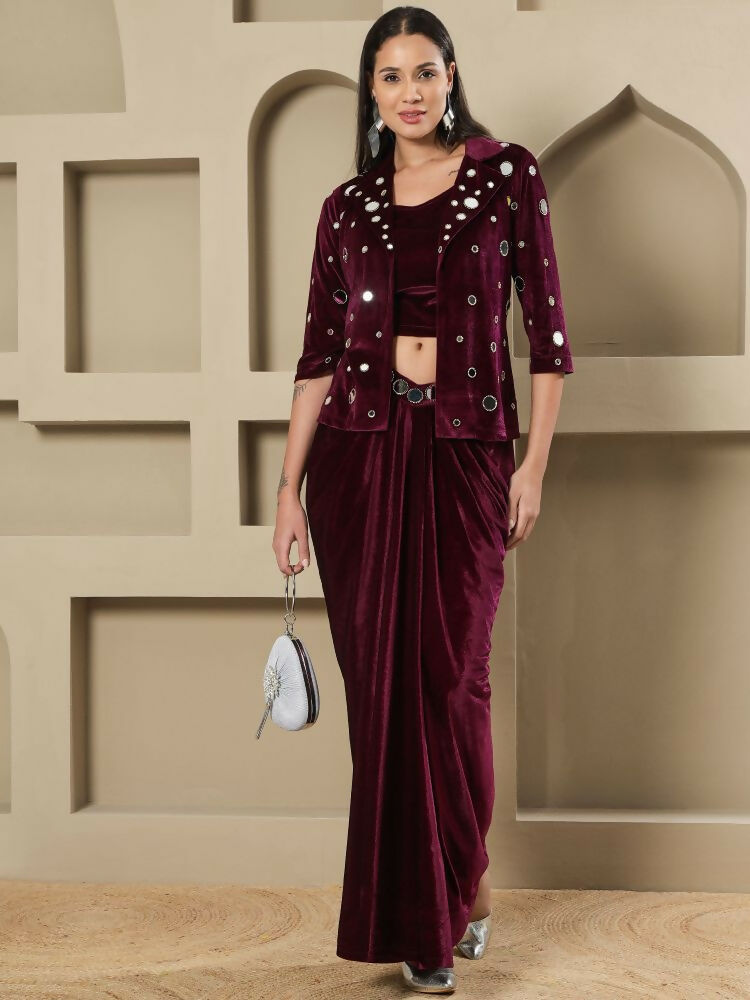 Joban Fashion Women Wine Velvet Hand Embellishment Stitched Dress