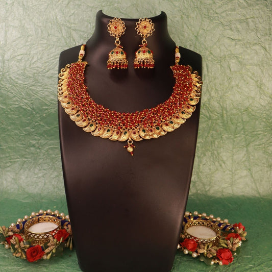 Gold-Polished Brass Pearl Choker Necklace With Earrings for Women/Girls - Wahe Jewels