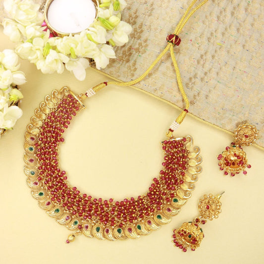 Gold-Polished Brass Pearl Choker Necklace With Earrings for Women/Girls - Wahe Jewels