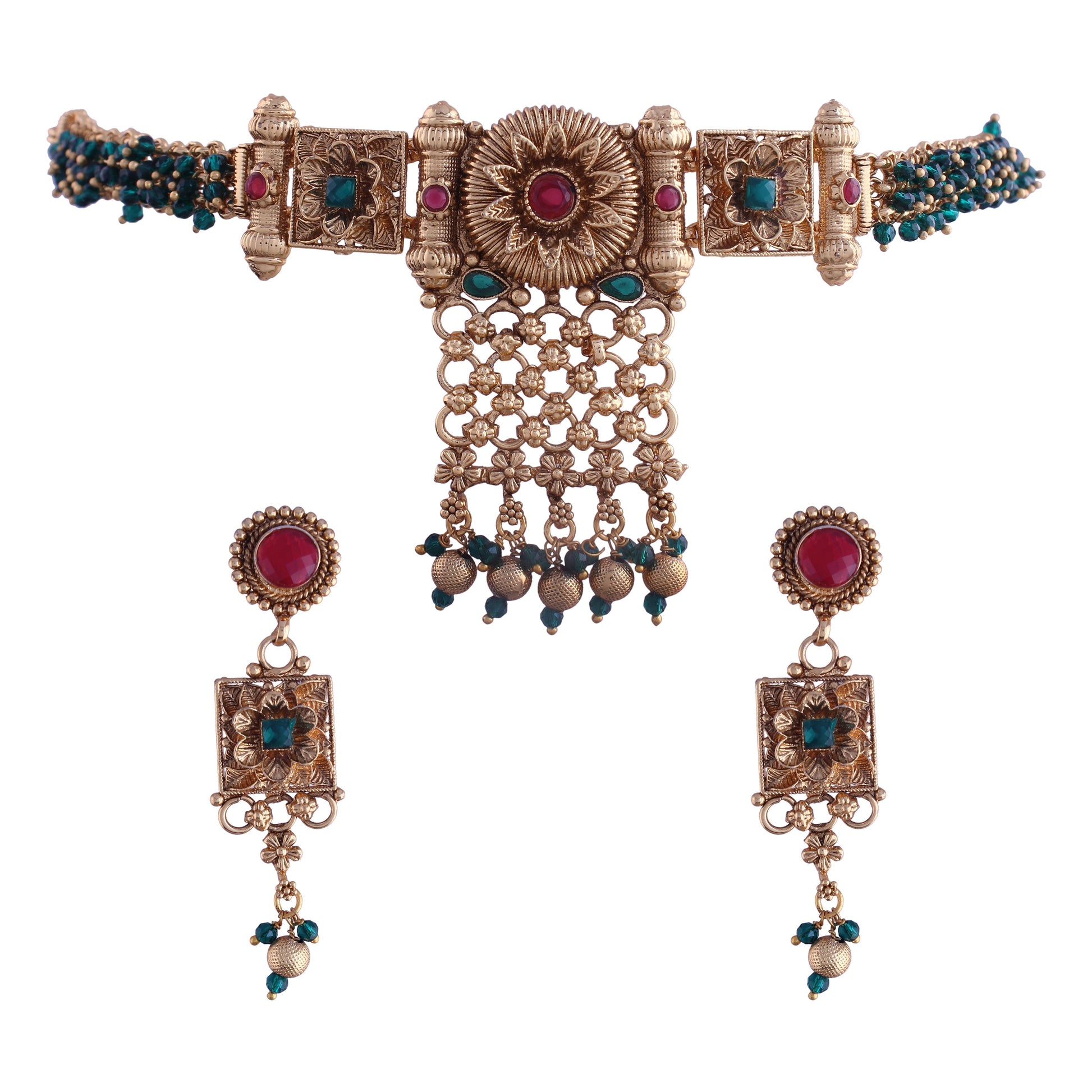 Gold-Polished Traditional Brass Pearl Choker Necklace With Earrings for Women/Girls - Wahe Jewels Noz2Toz