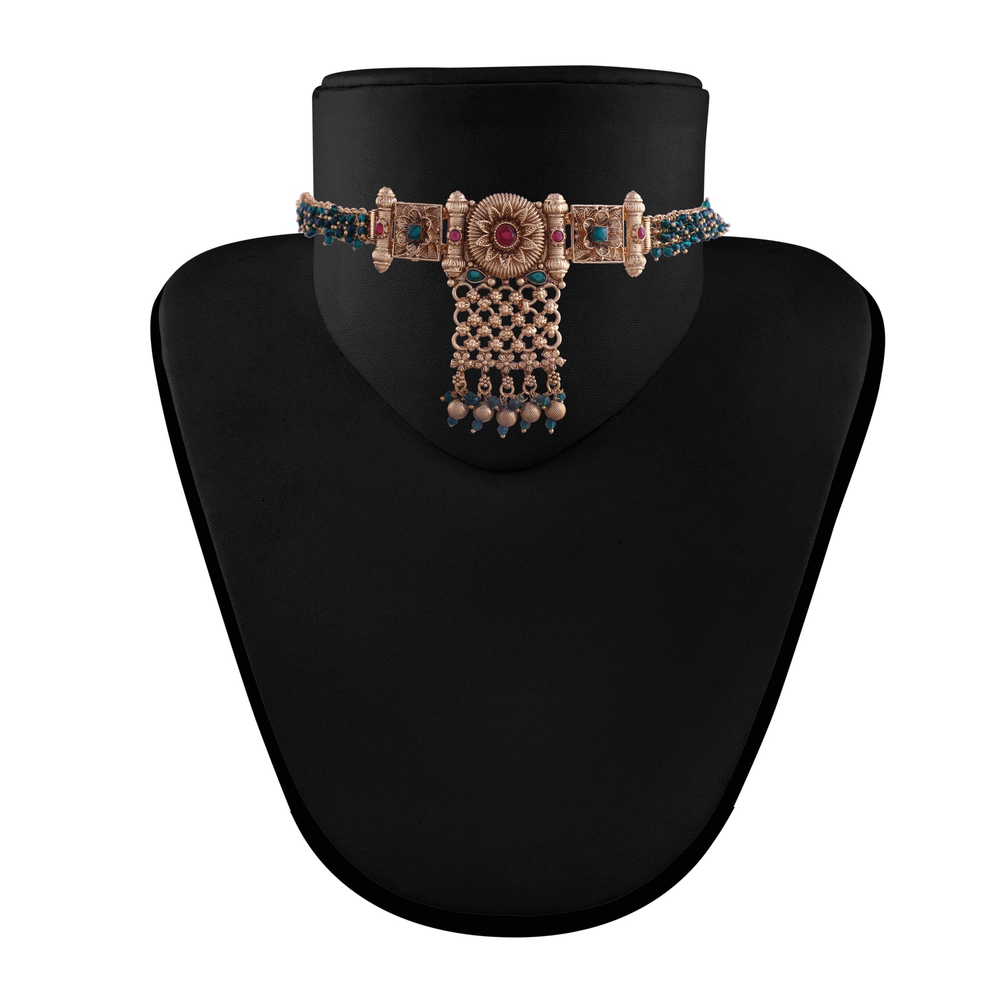 Gold-Polished Traditional Brass Pearl Choker Necklace With Earrings for Women/Girls - Wahe Jewels Noz2Toz