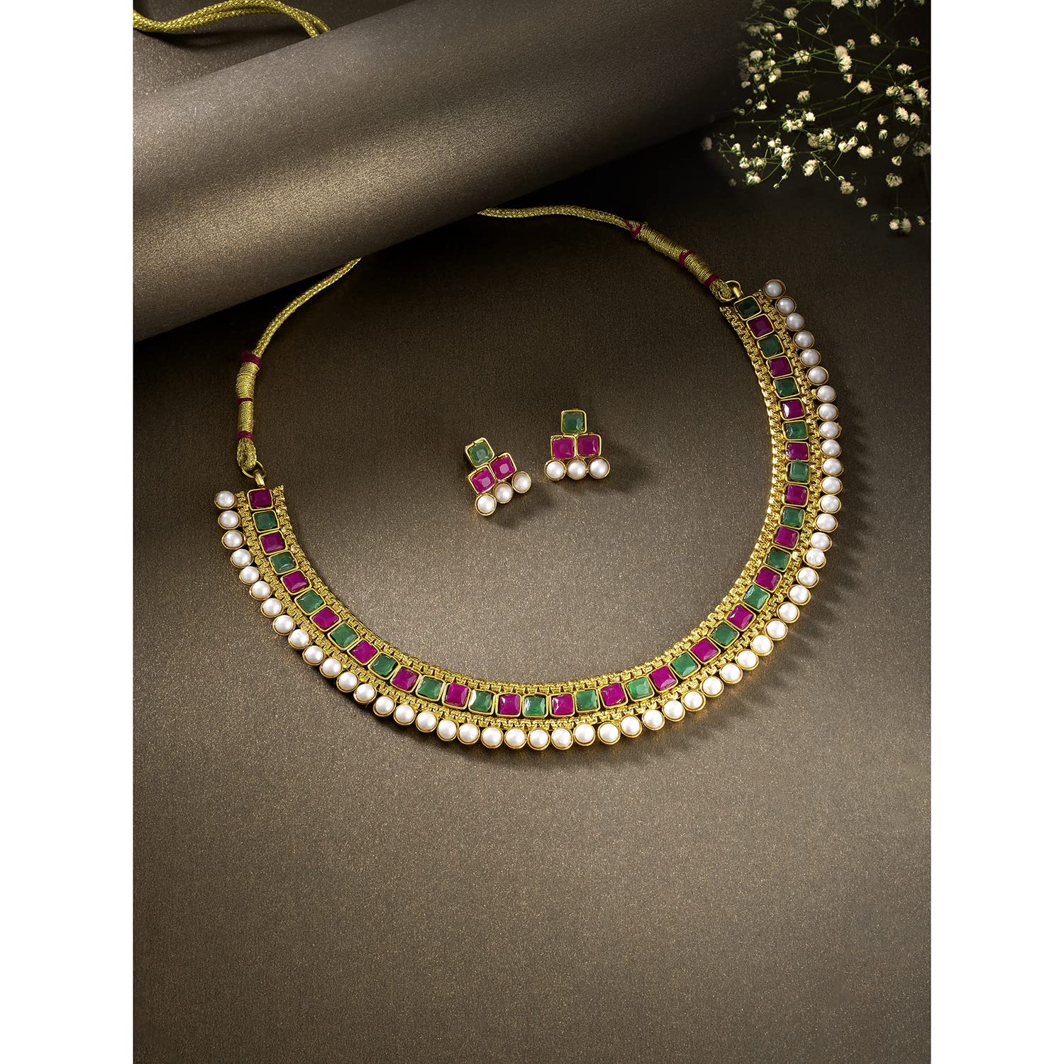 Gold-Polished Traditional White Choker Necklace Jewellery Set For Women/Girls - Wahe Jewels Noz2Toz