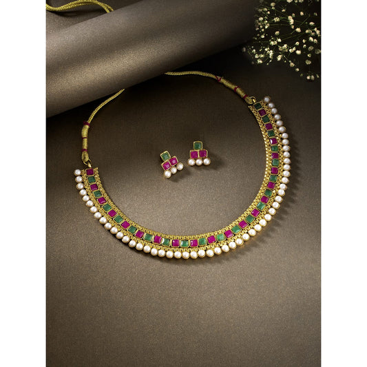 Gold-Polished Traditional White Choker Necklace Jewellery Set For Women/Girls - Wahe Jewels Noz2Toz