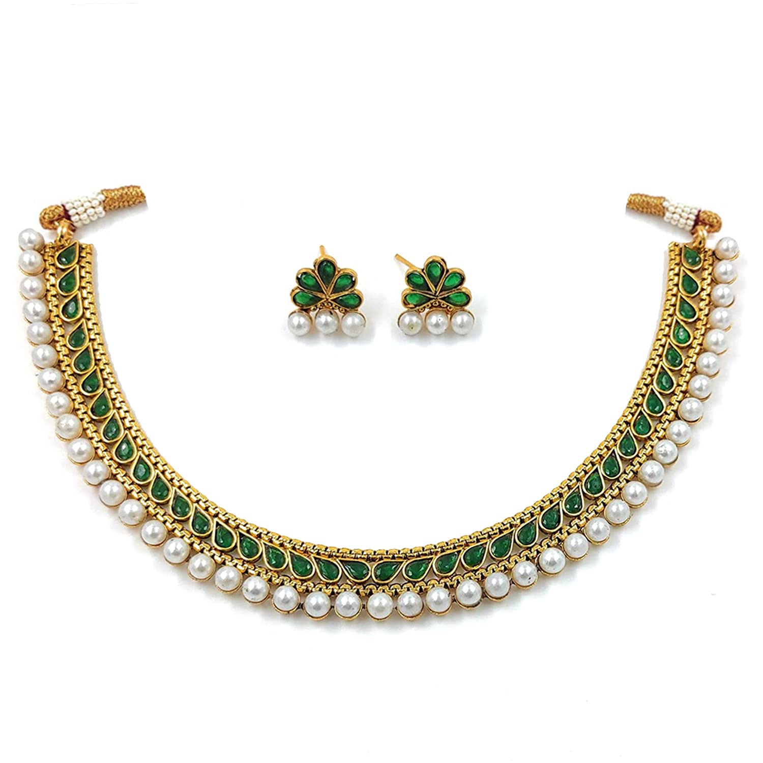 Gold-Polished Traditional Green Choker Necklace Jewellery Set For Women/Girls - Wahe Jewels Noz2Toz