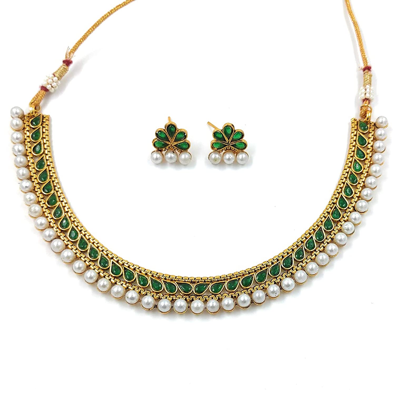 Gold-Polished Traditional Green Choker Necklace Jewellery Set For Women/Girls - Wahe Jewels Noz2Toz