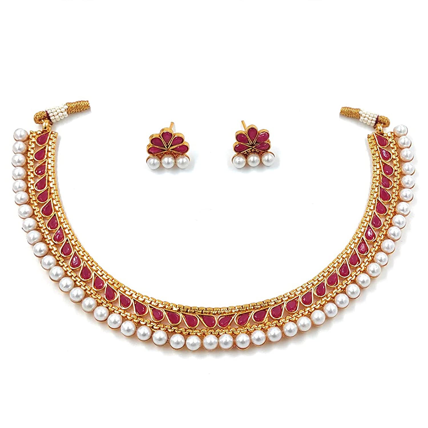 Gold-Polished Traditional Pink Choker Necklace Jewellery Set For Women/Girls - Wahe Jewels Noz2Toz