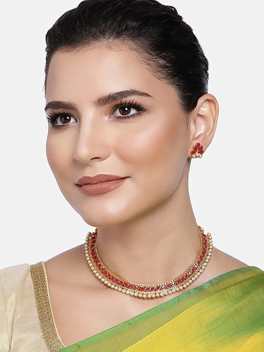 Gold-Polished Traditional Pink Choker Necklace Jewellery Set For Women/Girls - Wahe Jewels Noz2Toz